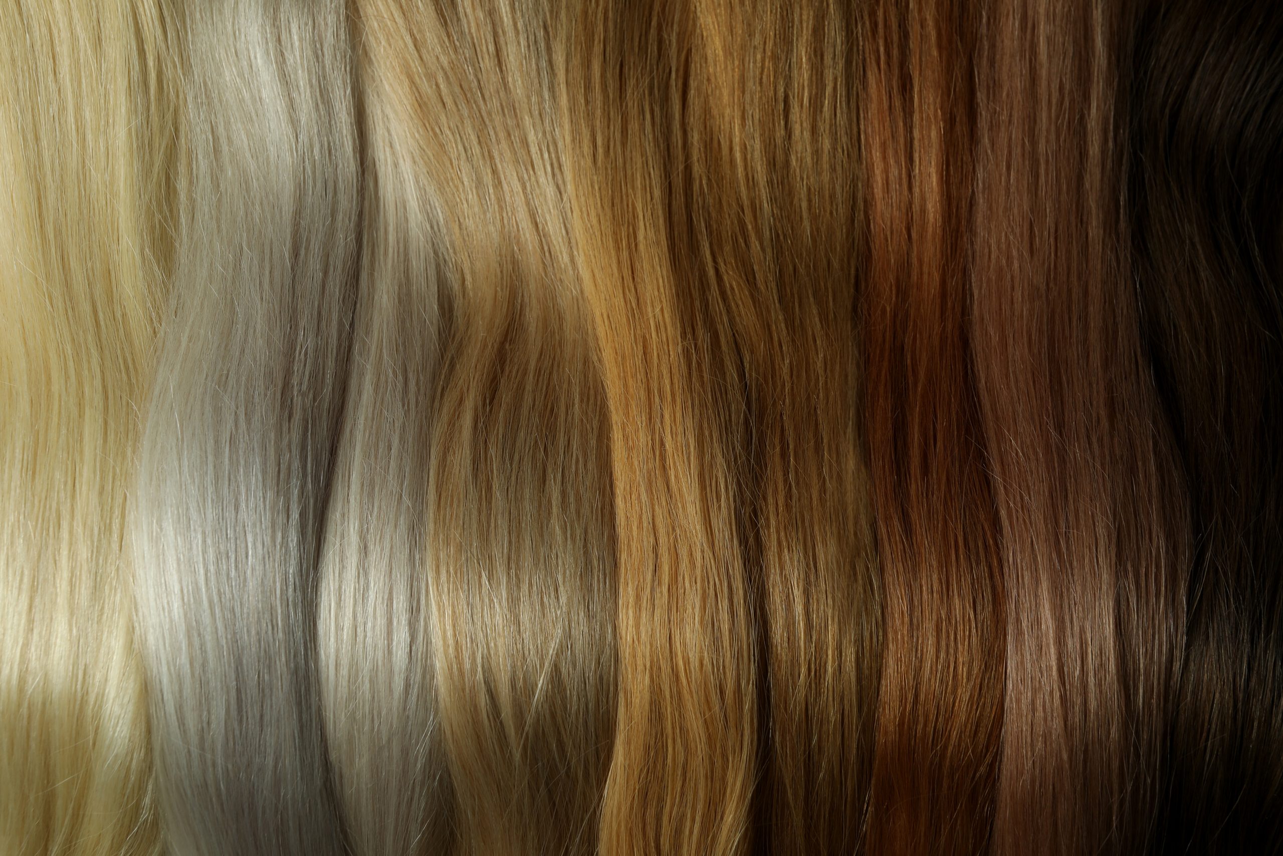 Different color female hair on whole background, close up